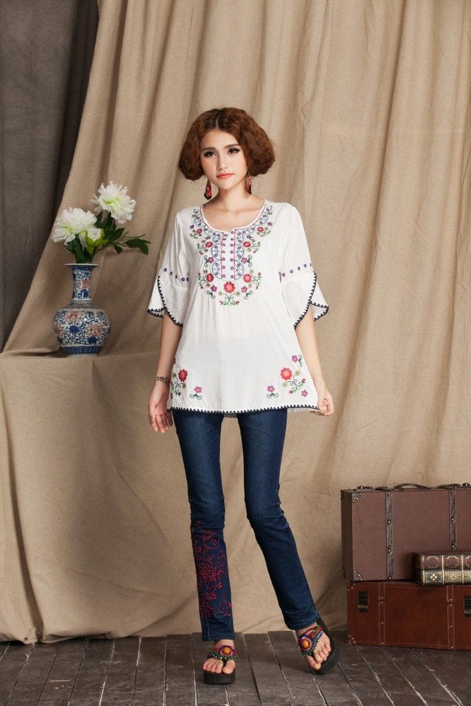 Ashir Aley Bell Sleeve Womens Boho Tops 3/4 Sleeve Embroidered Cotton Peasant Tops Mexican Bohemian Shirts Blouses (M,White) - Image 3